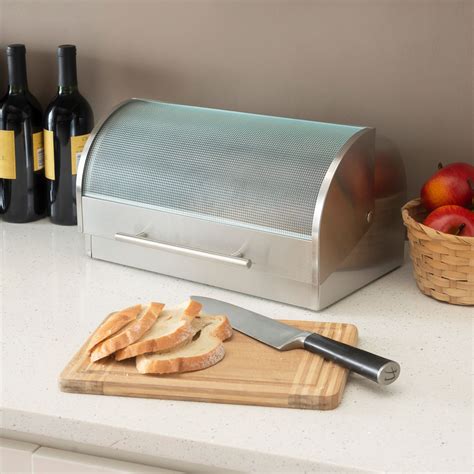 brushed stainless steel and glass bread box|homemade bread storage container.